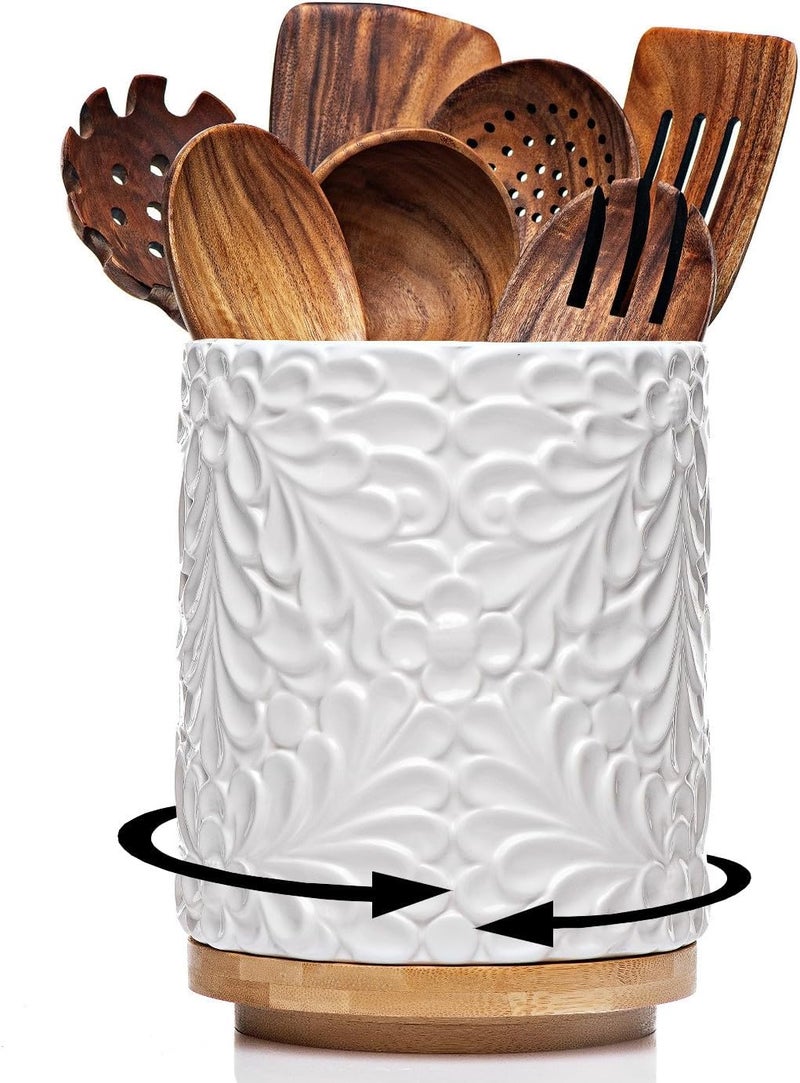 25DOL Extra Large 360° Rotating Utensil Holder for Kitchen Counter, 8.3” Cooking Utensil Holder for Countertop with Bamboo Base, White Ceramic Utensil Crock Canister for Cooking Utensils - Engraved Design - Image 1